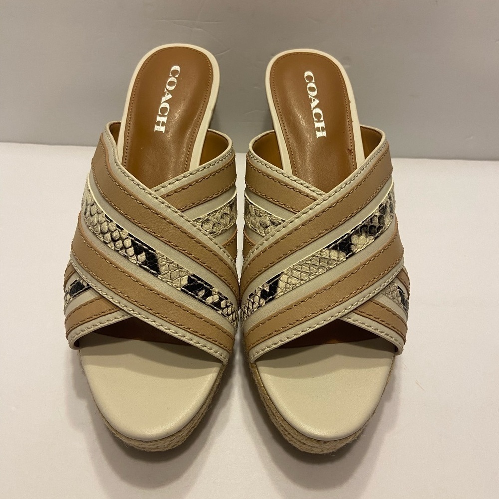 Brand New Coach Florentine Open Toe Leather Wedge Sandals Chalk Sz 10 - Picture 2 of 13